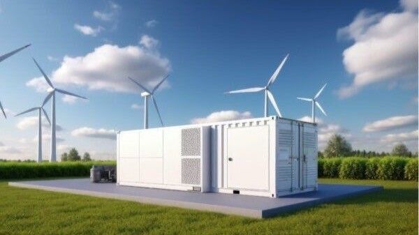 Valkoinen laatikkomainen rakenne tuulimyllyjen ja vihreän pellon edessä.